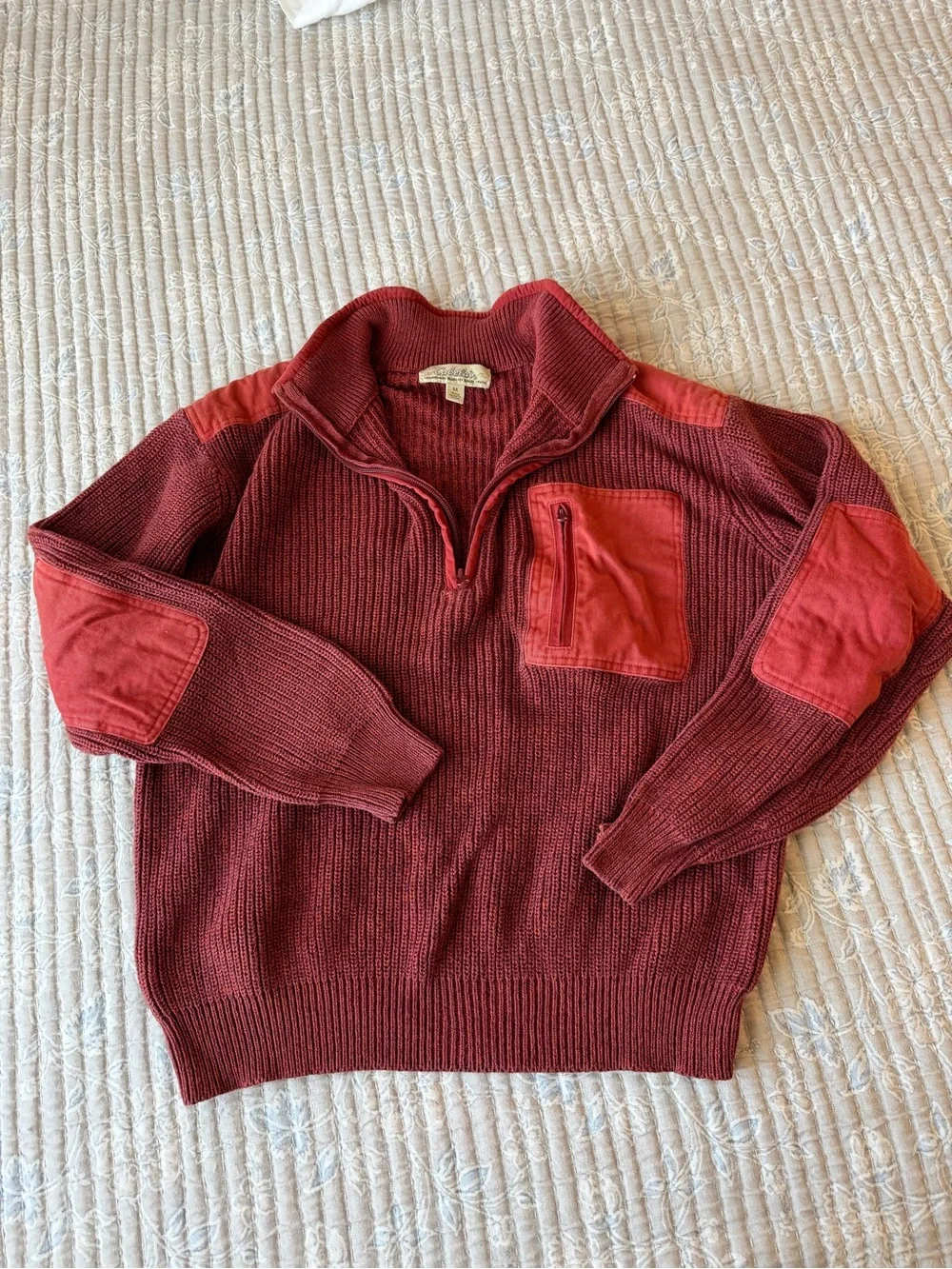 Cabela's Men's Zip Pullover Sweater in Deep Red with Brick Accents
